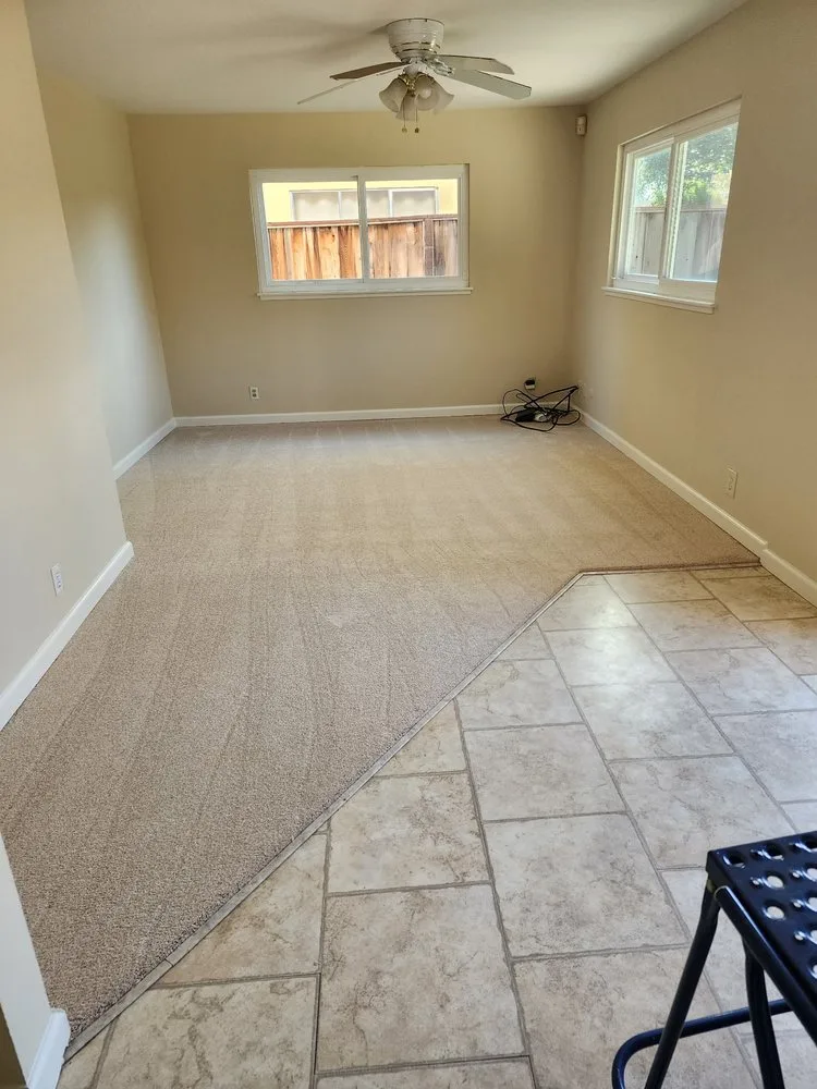 Diagonal carpet to tile flooring transition in a living room by The Flooring Design Center